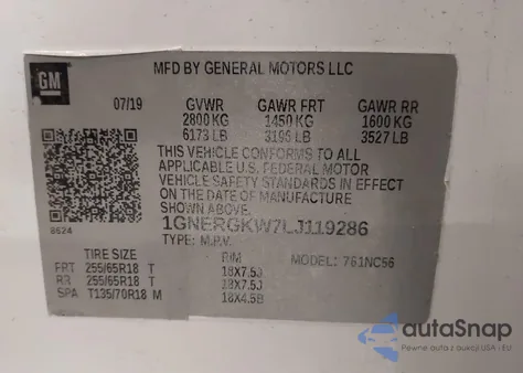 2020 Chevrolet Traverse Fwd Lt Cloth z USA, uszkodzony, nr VIN 1GNERGKW7LJ119286